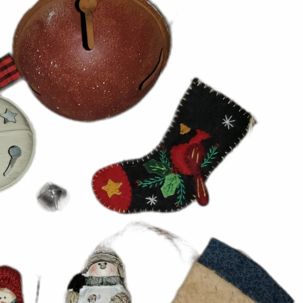 CHRISTMAS HOME COUNTRY DECOR Lot  Stockings Tree Decorations Bells Snowmen